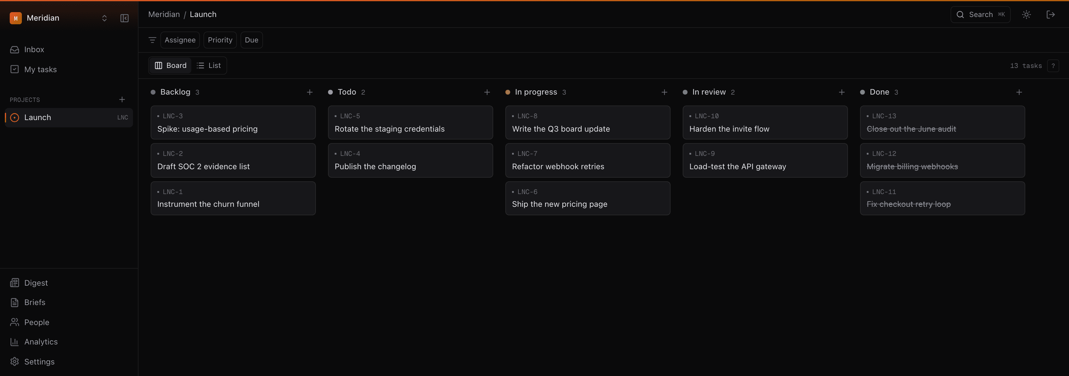 A Cadence board: five columns from Backlog to Done with tasks moving through review